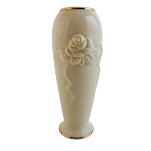Lenox Rose Blossom Bud Vase Cream China 24kt Gold Trimmed Embossed Floral 8 in